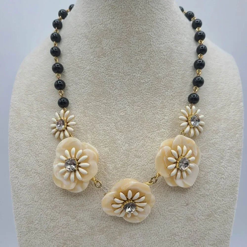 Talbots Black Bead Flower Necklace with Crystals NWOT! - Picture 7 of 11
